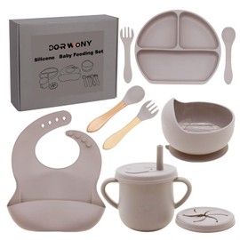 Dormlony 100% Silicone baby feeding set,BPA free Baby dishes set with Suction Bowl Divided Plate,Toddler Self Feeding Dish Set with Spoons Forks Sippy Cup And Bib, Baby Eating Utensils (Beige)