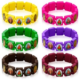 Landical Wood Catholic Bracelets for Women Men Elastic Religious Bracelets with Images Christian Saints Rosary Wristbands Jesus and Rosary Decor for Guest Jesus Baptism First Communion Gift(24)