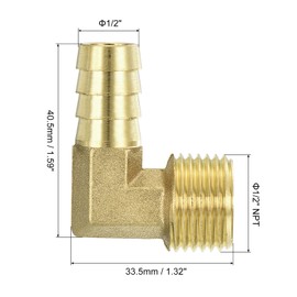 sourcing map Brass Hose Barbed Elbow Fitting 2pcs 1/2" Barbx1/2 NPT Male 90 Degree Brass Barb Pipe Fitting for Water Fuel Air
