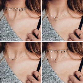 Wowanoo Choker Necklace Set Multilayer Layers Stars Chain Clavicle Necklace Jewelry for Women Threes