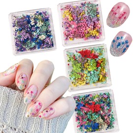 4Box Dried Flowers Nail Stickers for Nail Art 3D Gypsophila Floral Nail Decals Colorful Dry Flower Petals Nail Art Supplies Mix Mini Natural Dried Flower Stickers for Makeup Nail Decor Accessories DIY