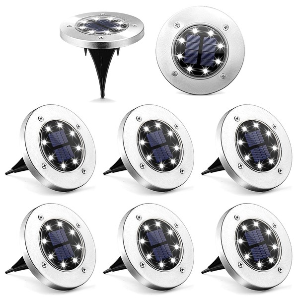SOLPEX Solar Ground Lights, 8 LED Solar Powered Disk Lights Outdoor Waterproof Garden Landscape Lighting for Yard Deck Lawn Patio Pathway Walkway (8 Pack, White)