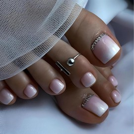 NATOSU 24 Pieces Short Press-on False Toe Nails Square Shape Pink White Gradient Rhinestone Acrylic