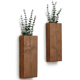 Wood Wall Planter Set of 2, Wood Wall Pocket for Greenery and Dried Flowers, Indoor Hanging Vase, Modern Farmhouse Wall Decor for Living Room Bedroom Office Eucalyptus Stems Decorations (Walnut)