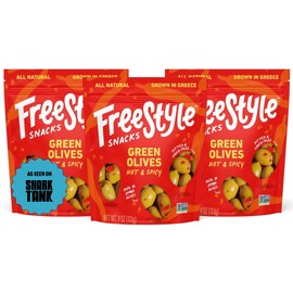 Freestyle Snacks Olive Snack Packs - As Seen on Shark Tank - Fresh Pitted Green Olives, Jumbo-Sized, Grown in Greece, All Natural, Non-GMO, Sugar-Free, Salty Snack - Hot & Spicy, 4oz (3 Pack)