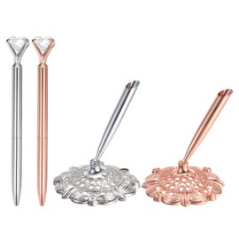 PATIKIL 2Pcs Hollow Round Pen Holder Signing Pen Set, Wedding Pen with Big Crystal Diamond and Pen Holder for Wedding Guests Book Engagement Opening Ceremony, Silver, Rose Gold