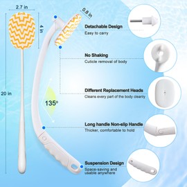 Celestite 20” Long Handle Shower Brush for Body, Back Scrubber for Shower with 3 Pcs Brush Heads, Exfoliation and Improved Skin Health Suitable for Women, Men, Elderly (White)