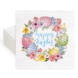 FYSUIMU 50 Pcs Happy Easter Paper Napkins Watercolor Flower Egg Wreath Disposable Napkins Floral Luncheon Dinner Napkins for Spring Holiday Birthday Party Table Supplies