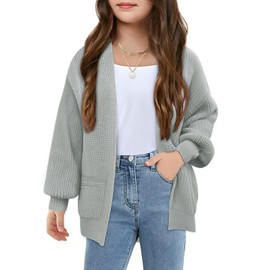Girls Long Sleeve Cardigan Casual Open Front Lantern Sleeve Smoke Cuff Knit Sweater with Pockets for Kids 5-14 Years Grey