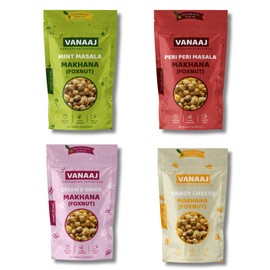 Vanaaj Water Lily Pops – Roasted Foxnuts Snack | 4 Flavors: Peri Peri, Cream & Onion, Mint Masala, Tangy Cheese | Crunchy, Low Calorie, Contains Protein | Plant-Based Ingredients | 0.8oz x 4 Variety Pack