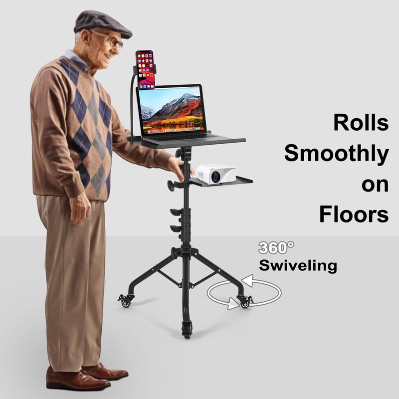 Tossbiss Laptop Tripod on Wheels with 2 Shelves, Portable Projector