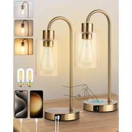 QHANTOMIZE Bedside Lamps Set of 2, Gold Touch Table Lamp with USB C+A Ports, 3 Way Dimmable Bedroom Lamps with Glass Shade, Brass Nightstand Lamp for Bedroom Living Room, 2 LED Bulbs Included