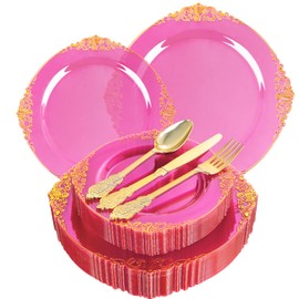 Joyido 125PCS Hot Pink Plastic Plates - Pink Gold Disposable Plates - Hot Pink Party Plate with Gold Plastic Silverware Set for 25 Guests for Weddings Parties Easter Birthday