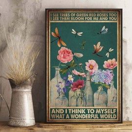 HOUVSSEN I Also Saw What A Wonderful World The Green Red Rose Tree On Dragonfly Tin Plaque. , Vintage Metal Sign Kitchen Bathroom Office Bar Coffee Garage Cave Home Living Wall Decor 8 X 12 Inches.