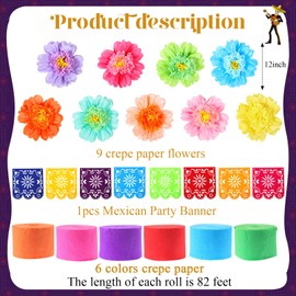 TaoBary 16 Pcs Mexican Paper Flowers & Streamers Fiesta Party Decorations Set - Cute Style
