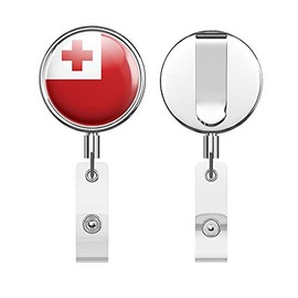 Tonga Glossy Flag Label Round ID Badge Key Card Tag Holder Badge Retractable Reel Badge Holder with Belt Clip