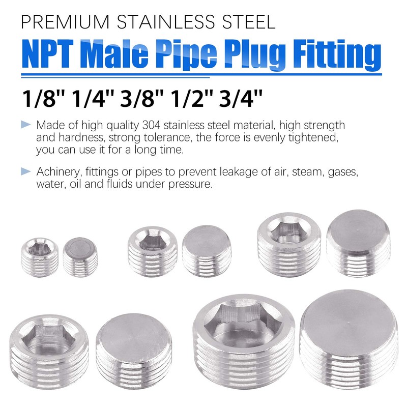 Glarks 5Pcs 304 Stainless Steel 3/8'' NPT Male Pipe Plug