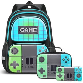Beaulyn Game Backpack Set for School Boys Kids School Bag Set with Lunch Box Pencil Case,Middle Primary Student Bookbag Travel Laptop Backpack for Boy Teens