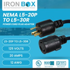 IronBox Electric NEMA L5-20P to L5-30R Plug Adapter Power Cord - 20A,125V, 12 AWG - UL Listed Power Extension Cable - Heavy Duty Plug and Connector for Generator, RV, Data Centers & More (1ft, Molded)