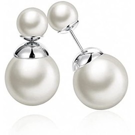 Zittop Double Sided Front Back Peek A Boo Ball Faux Pearl Beads Womens Fashion Elegant Tribal Stud Earrings (Silver)