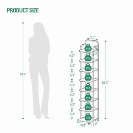 Hzuaneri 8 Tiers Vertical Shoe Rack, Narrow Shoe Tower, Tall Shoes Shelf with 2 Hooks, Adjustable Shelves, Corner Shoes Shelves for Small Spaces, Entryway, Living Room, White Gold SR04313A