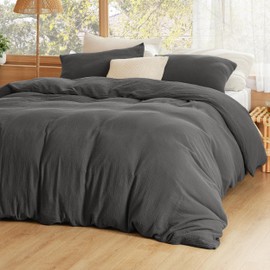 Bedsure 100% Muslin Cotton Duvet Cover King Size - Ultra-Soft, Breathable & Lightweight - Linen Like Gauze Comforter Cover Set with Button Closure and Corner Ties (Dark Grey, King, 104"x90")