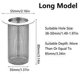 SagaSave Stainless Steel Drain Strainer Shower, 80 mm Long Sink and Sink Strainer, Drain Hair Strainer, Hair Catcher, Silver, Pack of 2