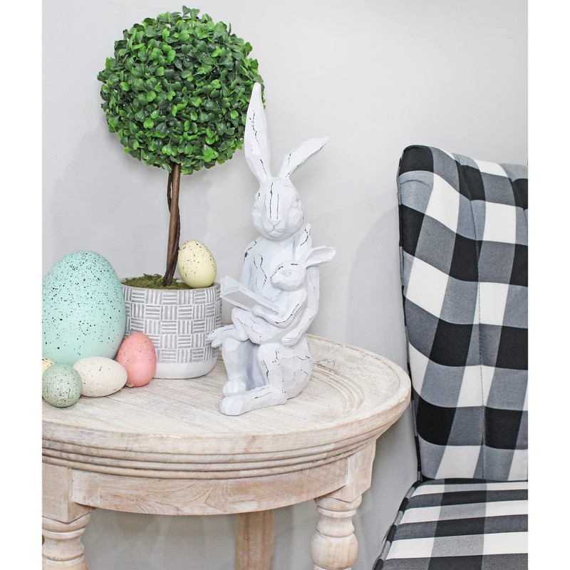 AuldHome Design Easter Reading Rabbit Figurine w/Baby Rabbit; Farmhouse White