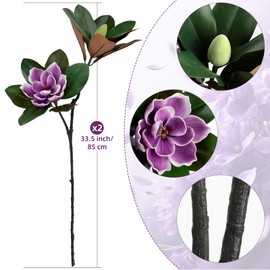 2PCS 33.5inch Artificial Magnolia Flowers with Green Magnolia Leaves and Fruit 3D Real Touch 2 Heads Long Stem Faux Magnolias Flower for Home Wedding Table Floral Arrangement Decoration (Purple)