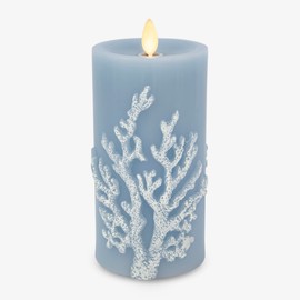 Luminara Embossed Coral Flameless LED Candle Moving Flame Pillar, Unscented Real Wax with Recessed Edge 3" x 6.5" (Soft Chambray)