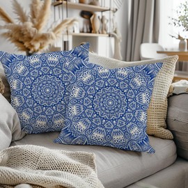 ggaimwf Moroccan Cushion Covers 40 x 40 cm Blue Ethnic Boho Cushion Indian Style Abstract Mandala Arabesque Meditation Hippie Modern Cushion Cover Throw for Sofa Living Room Bed Cushion Cover Set of 2