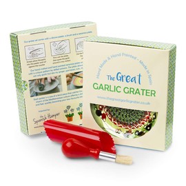 Garlic Grater Plate Set with Brush and Peeler. (#Ref 14). Handmade and Hand Painted in Cordoba, Spain. Cream with Red Rim, red and Green Circles. Olive and Flowers.