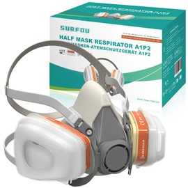 SURFOU Maschera Antipolvere con Filtro A1P2, Semimaschera Riutilizzabile con 2 Cartucce Filtro + 10 Prefiltri, per Verniciatura, Levigatura, Resina Epossidica e Spruzzatura
