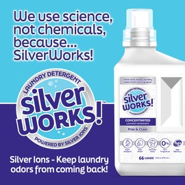 SilverWorks! Powerful Odor Eliminating Laundry Detergent Liquid, Silver Ion Technology, Laundry Odor Eliminator For Clothes, Cleans, Deodorizes & Protects, 33 fl oz, 66 Loads, Free & Clear, Pack of 2
