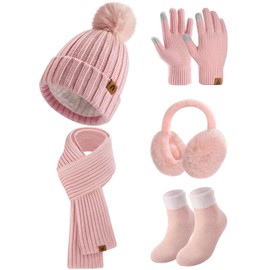 heekpek Hat and Scarf Set for Women 5 PCS Winter Set Knitted Beanie Hat Earmuffs Long Scarf and Touch Screen Gloves Thermal Socks Gift Set for Winter Skiing Outdoor Sports, Pink, One Size
