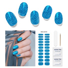 DUKASOU Gel Nail Strips for Women(No UV Light Needed), 22Pcs Blue Galaxy Gel Nail Stickers Kit, Gel Nail Wraps Fit for Home Travel Party Wedding, Includes Prep Pads, Nail File & Wood Stick