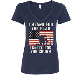 I Stand for The Flag I Kneel for The Cross Women's V-Neck T-Shirt Tee Navy Blue Large