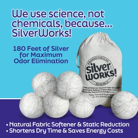 SilverWorks! Wool Dryer Balls Laundry Reusable - Odor Eliminating Dryer Laundry Balls with Silver Technology - Natural Fabric Softener and Static Reducer, Reduce Drying Time and Energy Costs - 6 Pack