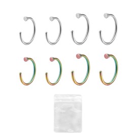 SLEEKEE Pack of 8 Stainless Steel Nose Rings, 1 Piece Transparent Storage Bag, Nose Ring C-Shaped Nose Stud, Fake Open Nose Ring, Imitation Perforated Nose Stud Jewellery, Stainless Steel