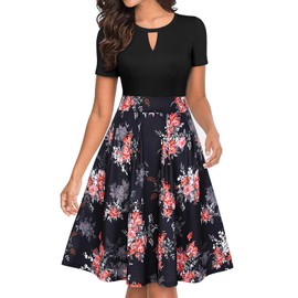 YATHON Women Dresses for Church Elegant Black Floral Print V-Notch Fall Pleated Pockets Wedding Guest Swing A-Line Office Work Dress for Women Casual (L, YT018-Black Floral 02)