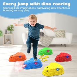 Dinosaur Toys for Kids 3-5, Mist Spraying Dino Roaring & Light up Stepping Stones for Kids, Indoor & Outdoor Durable Non-Slip Sensory Balance Stones with 5 Rechargeable Batteries, Great Toddlers Gift