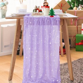 10FT Sheer Table Runner for Wedding Decoration: 24.8*118inch Gauze Chiffon Cheesecloth Runner Sequin Glitter Table Runner for Birthday Baby Bridal Shower Decor (Purple)