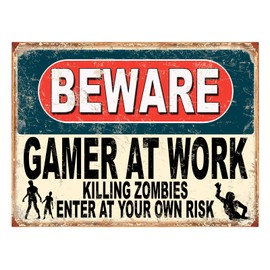 Shawprint Beware Gamer At Work Killing Zombies Enter At Your Own Risk Funny Metal Signs Father's Day Home Pub Indoor & Outdoor Garden Bar Garage Vintage Wall Plaque Gift Retro (A3 (399mm x 285mm))