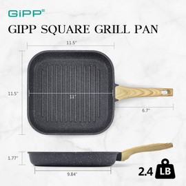GiPP Nonstick Grill Pan for Stove Tops - 11 Inch Square Grilling Pan for Indoor Cooking & Outdoor Grilling, Non Stick Granite Grill Skillet Steak Pan, PFOA Free (Grey)