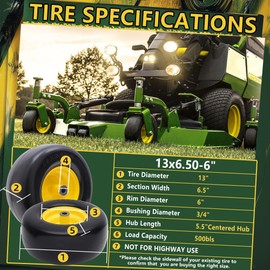 Wiltire 13x6.50-6 Lawn Mower Tires Flat Free Tire and Wheel with Rim, Solid Smooth Rubber for Zero-Turn Mowers, 5.5"-7.72"Centered Hub and 3/4" extra 5/8" 1/2" Bushings(Yellow)