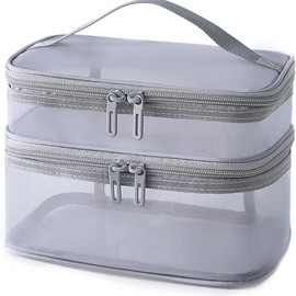 Gripebao Double Layer Makeup Bag, Mesh Cosmetic Bag with Handle, Double Zipper Beauty Make up Bag, 2 Compartment Toiletries Storage Bag, Portable Travel Cosmetic Case Organizer for Women Girls, Gray