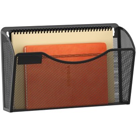 EasyPAG 1 Pocket Landscape A4 Mesh Hanging Wall Mounted File Holder Mail Organiser Magazine Storage with Tag Plate,Black