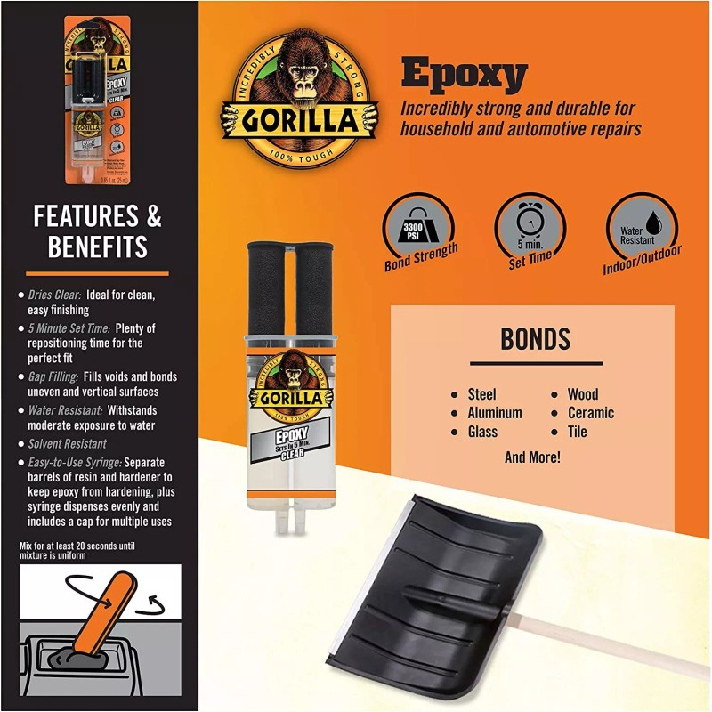Gorilla Glue Clear Epoxy Syringe Bonds Steel, Aluminum, Wood, Ceramic,