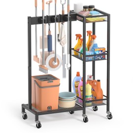 Broom Holder with Cleaning Supplies Organizer, Broom Closet Storage Cabinet with Cleaning Caddy, Cleaning Cart with Mop Hanger Gripper Rack Hooks,Janitorial Cart,Utility Carts Household Essentials