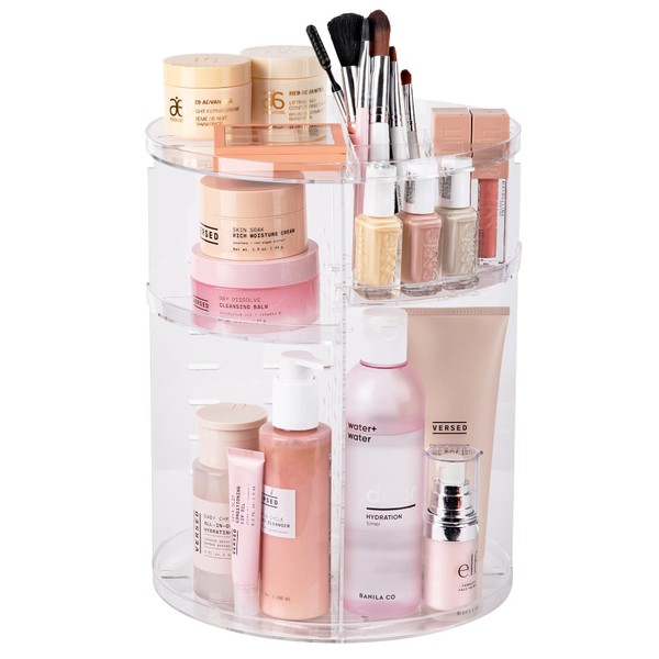 360 Rotating Makeup Organizer - Adjustable Shelf Height and Fully Rotatable. The Perfect Cosmetic Organizer for Bedroom Dresser or Vanity Countertop. (Clear)